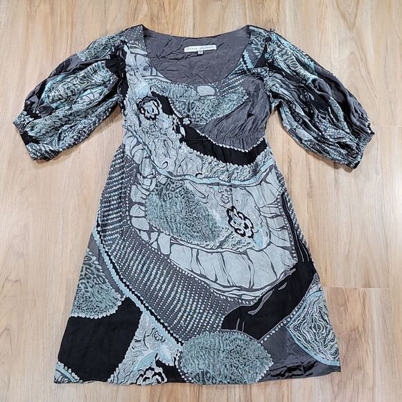 🔹️Steve Madden Sage & Gray Silk Ruffled Balloon Sleeve Dress Size 8 - Picture 4 of 15